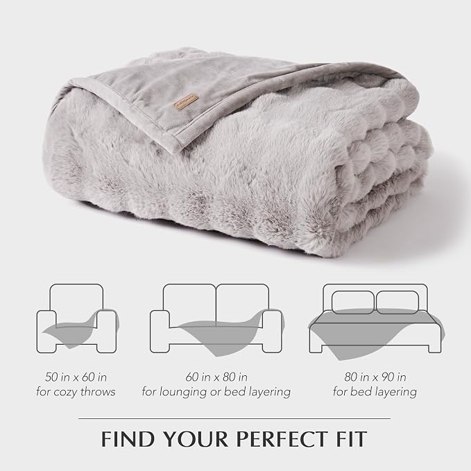 EverGrace Faux Rabbit Fur Bubble Throw Blanket, 60"x80", Taupe | Ultra Soft, Luxury Faux Rabbit Fur Throw, Thick Warm Bubble Blanket, Cozy Fluffy Reversible, for Bed, Couch, Chair, Sofa