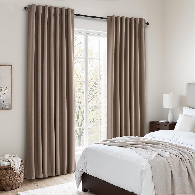 102 inch long blackout curtains 2 Panels 100% Black out Linen texture Curtain elegant Taupe Farmhouse Drapes with Back Tab Rod Pocket Light Blocking Thermal Insulated Panel for Bedroom Living Room
