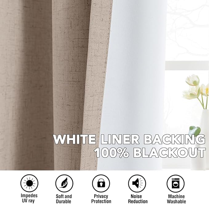 H.VERSAILTEX Linen Curtains 100% Blackout Curtains for Bedroom 84 inch Long Full Light Blocking Nature Linen Blended Window Curtains for Living Room Nickel Grommet (2 Panels, Heathered Sand)