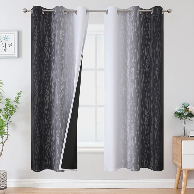 Black and Greyish White Ombre Blackout Curtains for Bedroom 42x72 Inch Long | Estelar Textiler Light Blocking Living Room Curtains, Room Darkening, Thermal Insulated Energy Saving Grommet Drapes,2 Panels