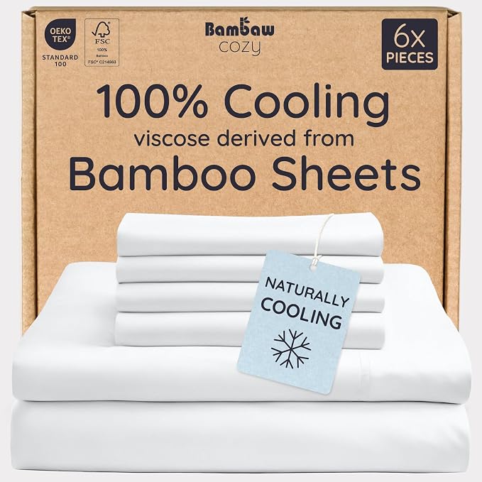 Bambaw King Size Cooling Sheets Set 6pcs - 100% Viscose Derived from Bamboo Sheets Deep Pocket, Fits Up to 16'' with Elastic Corner Straps, King Size Soft Sheets, Breathable Sheets (White)