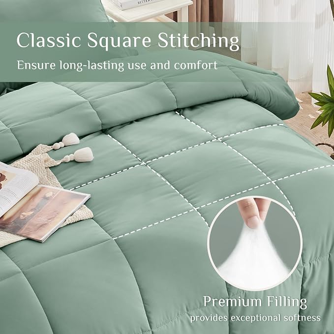 JOLLYVOGUE Queen Comforter Set, Ultra-Soft Bed in a Bag Queen Size 7 Pieces, Oeko-TEX Certified Bedding Set with Down Alternative Comforter, Sheets, Pillowcases & Shams, Sage Green