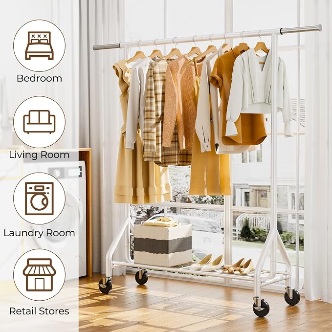 HYSEYY Heavy Duty Clothes Rack Load 450 LBS, Metal Garment Rack, Standing Rolling Clothing Rack for Hanging Clothes with Sturdy Wheels & Shelves, Portable Closet Wardrobe Rack,White