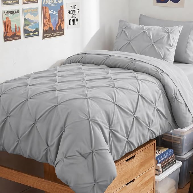 HIMEET Twin XL Comforter Set Light Grey - 5 Pieces Pintuck Bed in a Bag | OEKO-TEX Certified, 240GSM Down Alternative Comforter, 14" Deep Pocket Fitted Sheet + Flat Sheet + 1 Pillowcase + 1 Sham