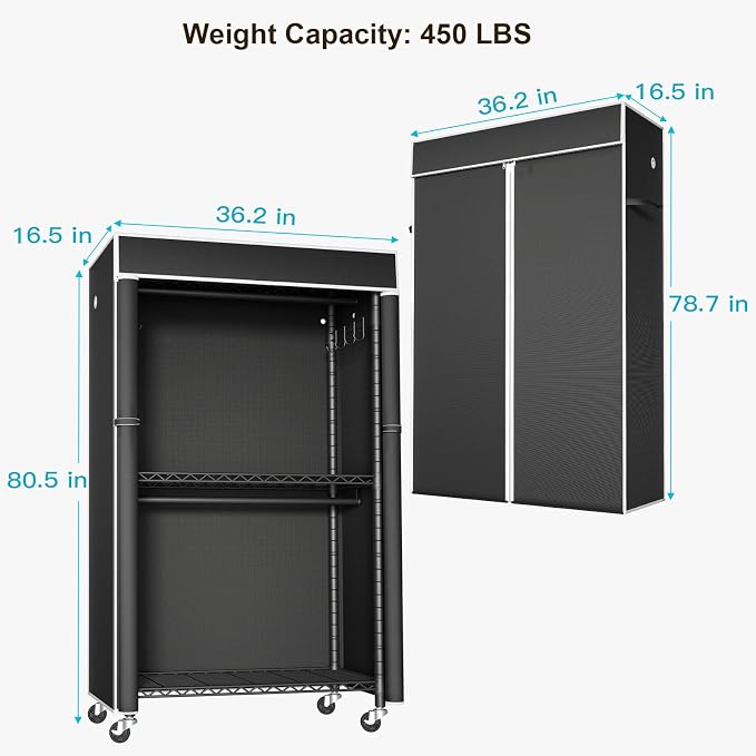 FUTASSI Clothing Rack with Cover, P1C Rolling Closets with Wheels | Metal Garment Rack for Hanging Clothes, Clothing Storage Wardrobe with Cover