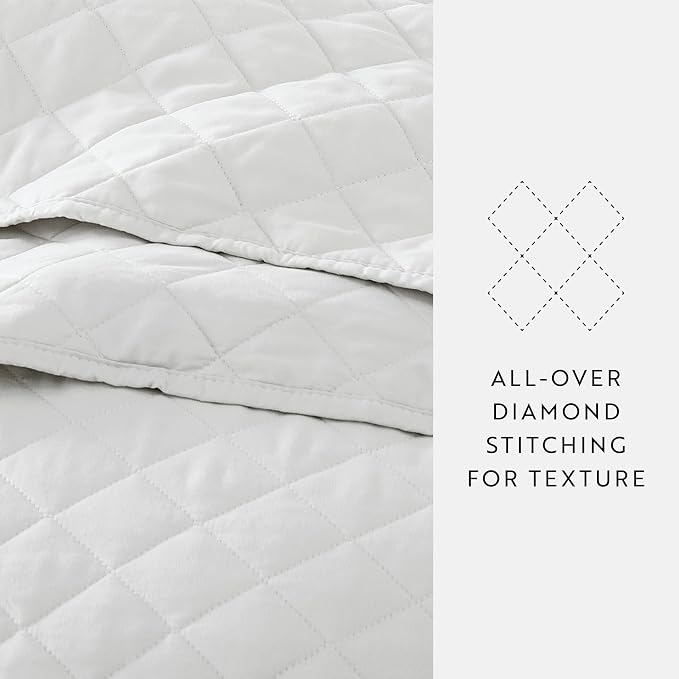 Merit Linens Modern Quilt Coverlet Soft Set in Diamond Stitching - King/Cal-King White
