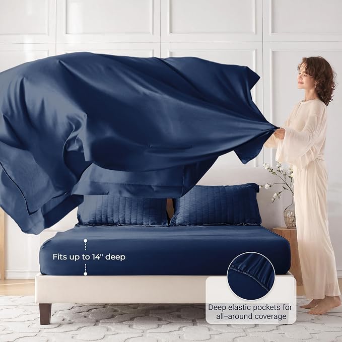 7 Pieces King Comforter Set, Seersucker Bed in a Bag King Size, All Season Luxury Bedding Set with Comforter, Flat Sheet, Fitted Sheet, Pillowcases & Shams, Navy Blue