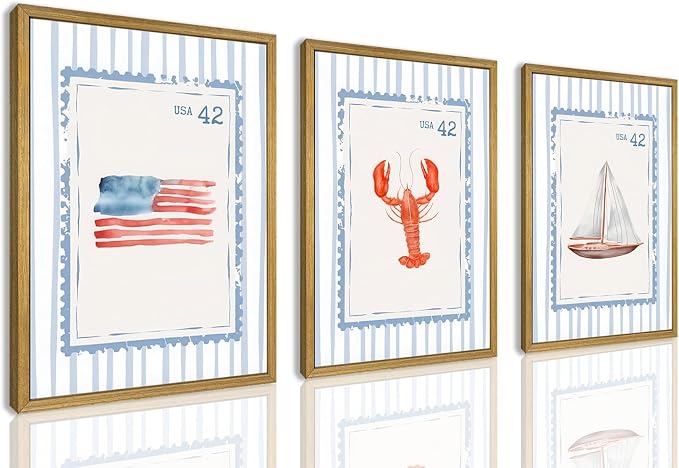 Wood Framed Blue Beach Stamp Set of 3 Canvas Poster Coastal Granddaughter Room Wall Art Decor Vintage Preppy Aesthetic Prints Artwork for Girly Dorm Apartment Ocean Home Decoration 12x16 Inch