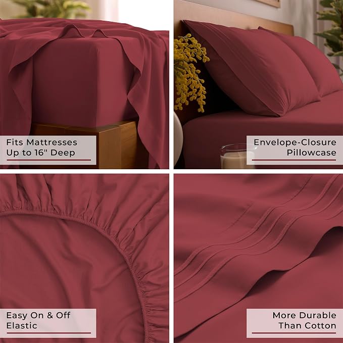 Mellanni Iconic 3-Piece, Ultra Soft Sheet Set (Twin XL, Brick Red) | 10M+ Sleepers. Lab-tested: Sleeps Cool, Stays Bright, Strong, Smooth. Good Housekeeping Best Bedding, 7 yrs running.