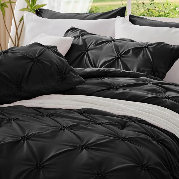 BEDELITE Queen Comforter Set Black,Lightweight & Soft Comforter | Pintuck Boho Bedding, Warm & Cute Bed Set for All Season,With 2 Pillowcases