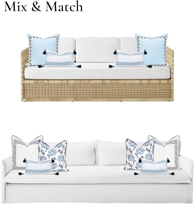 Hofdeco Premium Coastal Patio Indoor Outdoor Lumbar Pillow Cover Only, 12"x20" Water Repellent for Backyard, Couch, Baby Blue Embroidered Stripes with Tassels (Pack of 2)
