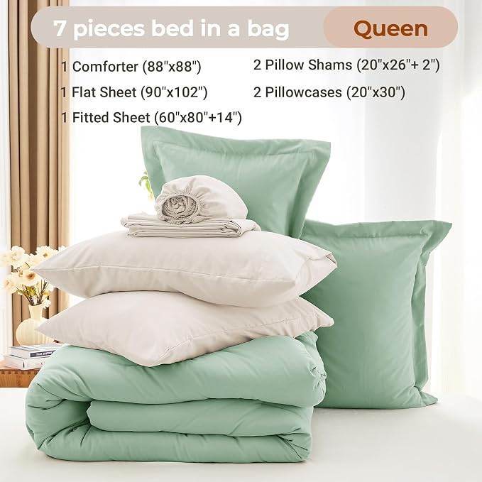 7 Pieces Queen Comforter Set, Soft Bed in a Bag Queen Size, All Season Bedding Set with Comforter, Flat Sheet, Fitted Sheet, Pillowcases & Shams, Sage Green & Beige