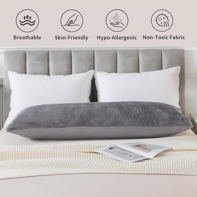 WhatsBedding Memory Foam Body Pillow with Cover, Long Bed Pillow for Adults | Removable Plush Fuzzy Envelope Closure, Firm Support for Side Sleepers, Reading & naps, Large Size Fits All, Relieves Pain