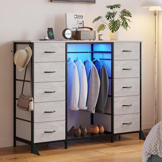 LUMTOK 55"W Dresser with Hanging Rack,10 Fabric drawers & Hooks for Bedroom | Greige 10 Drawers Dresser with LED Lights, Charging Station,chest of drawers with wood top for clothing storage organization