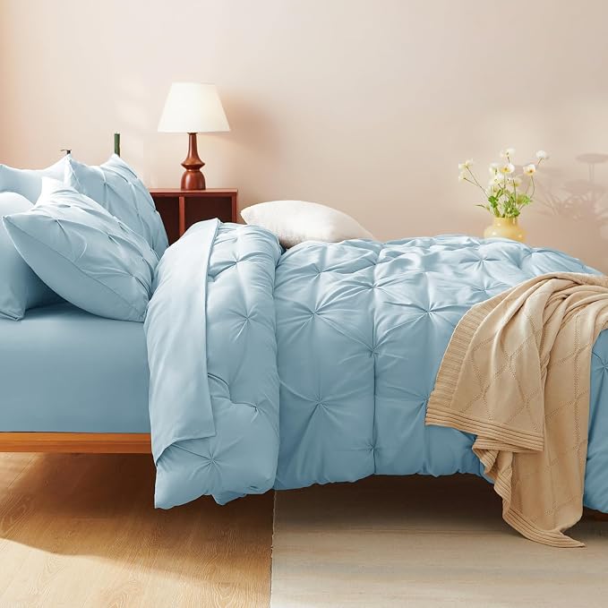 HIMEET Twin XL Comforter Set Light Blue - 5 Pieces Pintuck Bed in a Bag | OEKO-TEX Certified, 240GSM Down Alternative Comforter, 14" Deep Pocket Fitted Sheet + Flat Sheet + 1 Pillowcase + 1 Sham