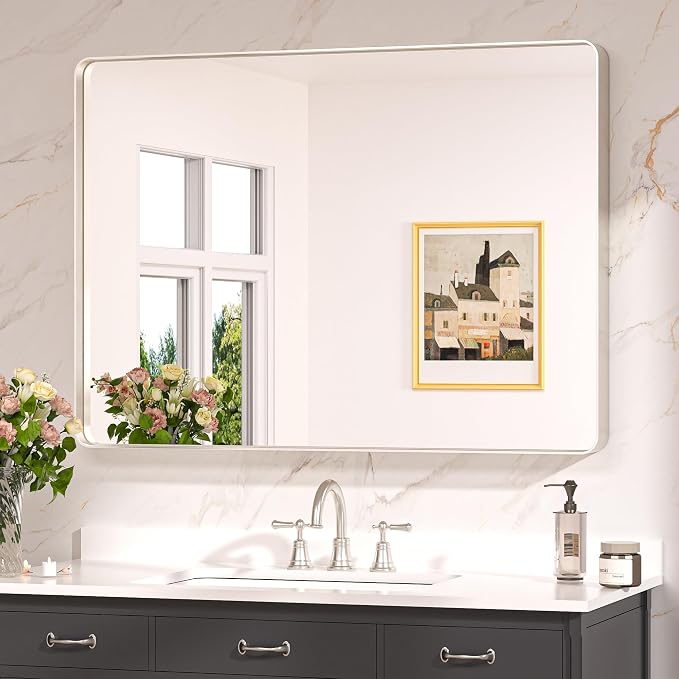 Keonjinn 40 x 30 Inch Brushed Nickel Bathroom Vanity Mirror, Tempered Glass | Silver Bathroom Mirrors for Over Sink, Rounded Rectangle Vanity Mirror, Rust-Resistant Aluminum Frame, French Cleat Mount