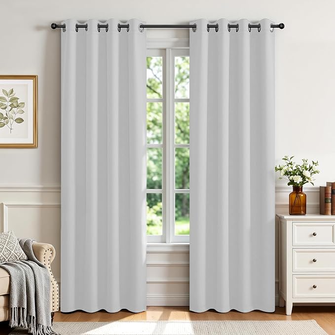 Joydeco 60% Blackout White Curtains 90 Inch Length 2 Panels Set, Thermal Insulated Long Curtains & Drapes, Room Darkening Grommet Drapes for Bedroom Living Room Window(Greyish White, W52 x L90 Inch)