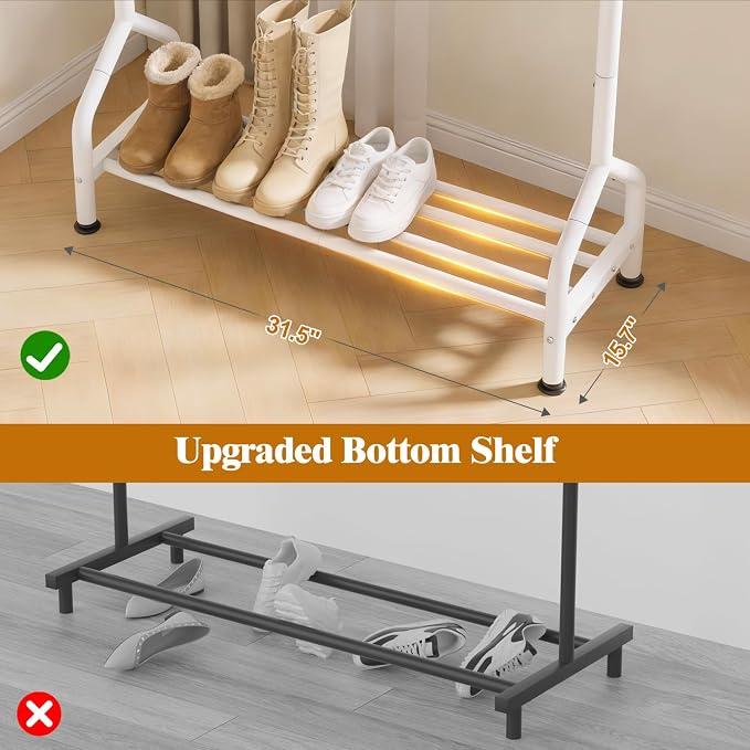 Sturdy Clothing Racks with Shelf, Metal Clothes Rack with Leveling Feet for Hanging Clothes, Freestanding Garment Coat Rack for Bedroom, Apartment & Small Spaces, White