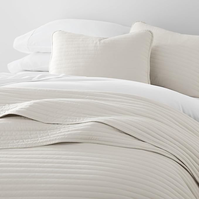 Merit Linens Modern Quilt Coverlet Soft Set in Stripe Stitching - Twin/TwinXL Natural