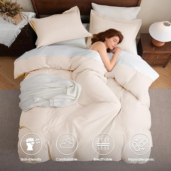 FreshCulture Duvet Cover Full Size - 3 Pieces Microfiber Duvet Cover Set with Zipper Closure - Lightweight & Easy Care - 1 Comforter Cover & 2 Pillow Shams - Comforter Not Included (Cream)