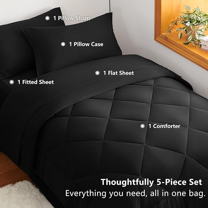 Twin Comforter Set Black - 5 Pieces Complete Bedding Set | OEKO-TEX Certified, All Season, Teen, Single, Dorm, 240GSM Down-Alternative Comforter, Sheets, Pillowcase & Sham, Easy Care
