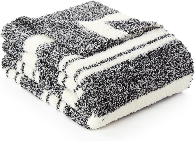 Snuggle Sac Heather Throw Blanket for Couch, Reversible Super Soft Blankets Warm Cozy Knit Fuzzy Plush Lightweight for Sofa, Bed, Camping, Picnic (Stripe Black, Throw(50"x 60"))