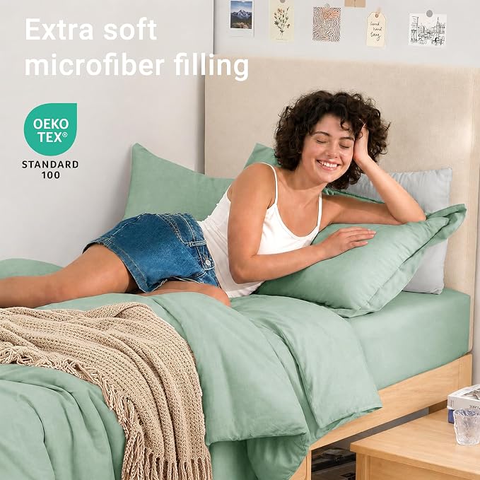5 Pieces Twin XL Comforter Set, Soft Bed in a Bag Twin XL Size, All Season Bedding Set with Comforter, Flat Sheet, Fitted Sheet, Pillowcases & Shams, Sage Green