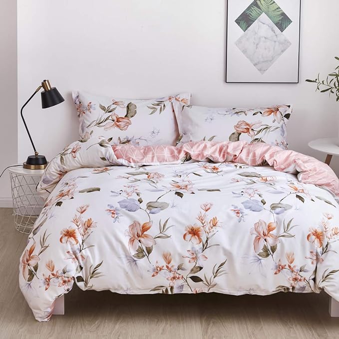 OAITE King Duvet Cover Set 3pcs 100% Cotton with Pink Flower | Soft, Breathable,Long-lasting,Comfort,Hidden Zipper,8 Corner Ties,Easy Care for All Season