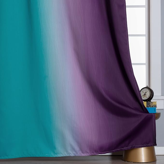 Ombre Teal and Purple Blackout Curtains for Kids Bedroom | Room Darkening Thermal Insulated Gradient Curtains, Full Light Blocking Grommet Drapes for Living Room,52Wx45L Inch, 2 Panels