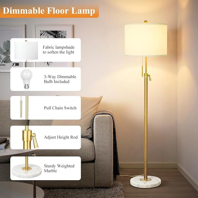 Qingmiao Gold Floor Lamps for Living Room, 55"-67" Height Adjustable Modern Tall Lamp, 3-Way Dimmable Standing Lamp for Bedroom Office Reading Corner Home Decor, New House Warming Gifts
