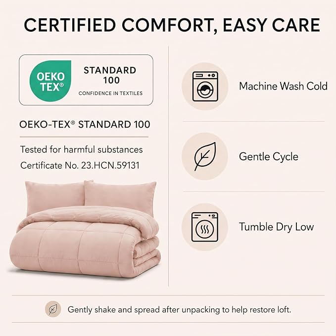 King Size Comforter Set Blush Pink - 7 Pieces Bed in a Bag | OEKO-TEX Certified, All-Season, Bedroom, Guest Room, Down-Alternative Comforter + Flat & Fitted Sheets + 4 Pillowcases