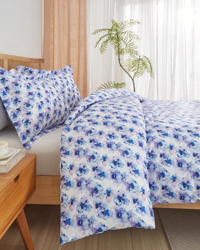 Duvet Cover King Size - Floral Duvet Cover - 3 Piece - Blue Hydrangea | Soft Floral Duvet Cover 104 x 90 with 2 Pillow Shams, Zipper Closures & Ties, Floral Bedding for Women, Men, Kids & Teens