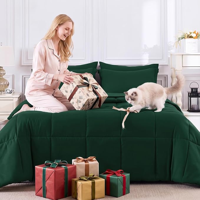 Full Size Comforter Sets, 7-Piece Bed in a Bag, Emerald Green | OEKO-TEX Certified, Box-Stitched Design, 240 GSM Down Alternative Fill, All-Season Comfort, Sheets, Pillowcases & Shams