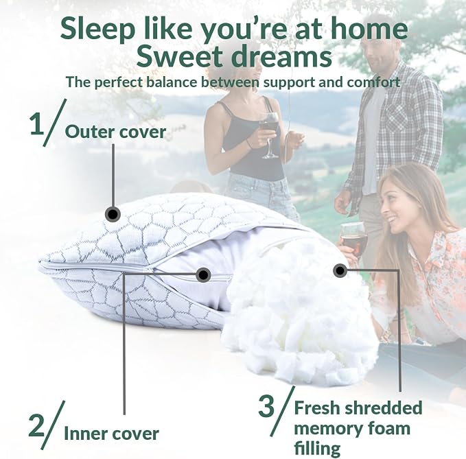 QUTOOL Cooling Pillow for Sleeping, CertiPUR-US Shredded Memory Foam Camping Pillow Set of 1, Backpacking for Hiking Gear, Portable Pillow with Travel Storage Bag, Soft Yet Support,White
