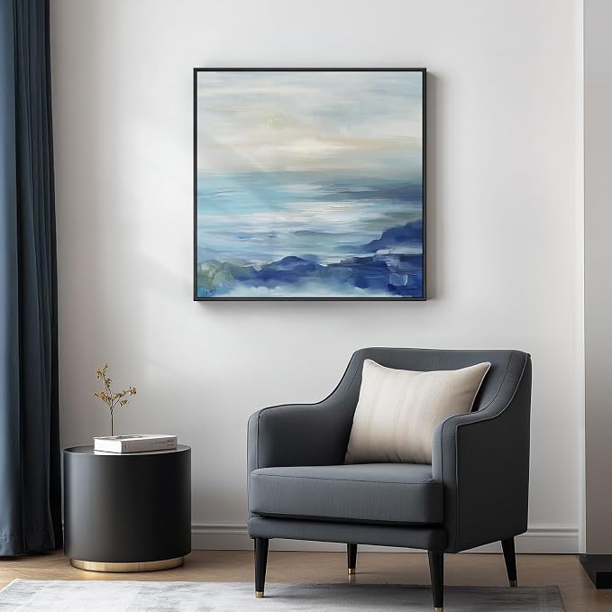 Large Framed Blue Abstract Wall Art Decor, Square Coastal Print, 30x30 Inch | Modern, Minimalist, Ocean, Canvas artwork, Living room, Bedroom wall decor, Bathroom art, Ready to hang, Solid wood frame