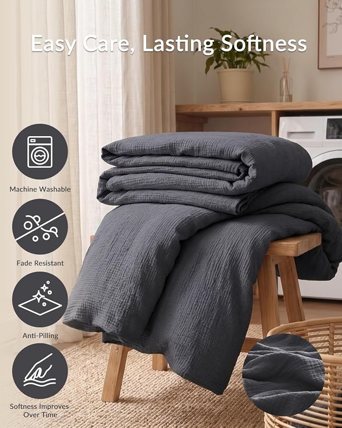 SE SOFTEXLY Muslin Duvet Cover California King Size, 100% Washed Cotton Duvet Cover Set, Ultra Soft Comforter Cover Linen Like, 3 Pieces Gauze Duvet Cover with 2 Pillowcases, 98"x104", Dark Grey