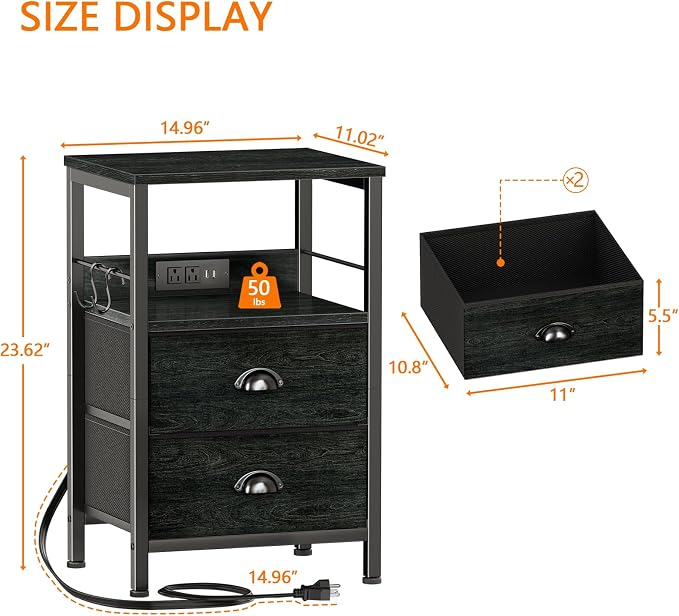 Nightstand with Charging Station for Bedroom, 2 Fabric Drawers, Black Oak | Night Stand with USB Ports & Outlets, Side Table with Storage Shelf & Hooks, Industrial End Table, for Living Room, Dorm