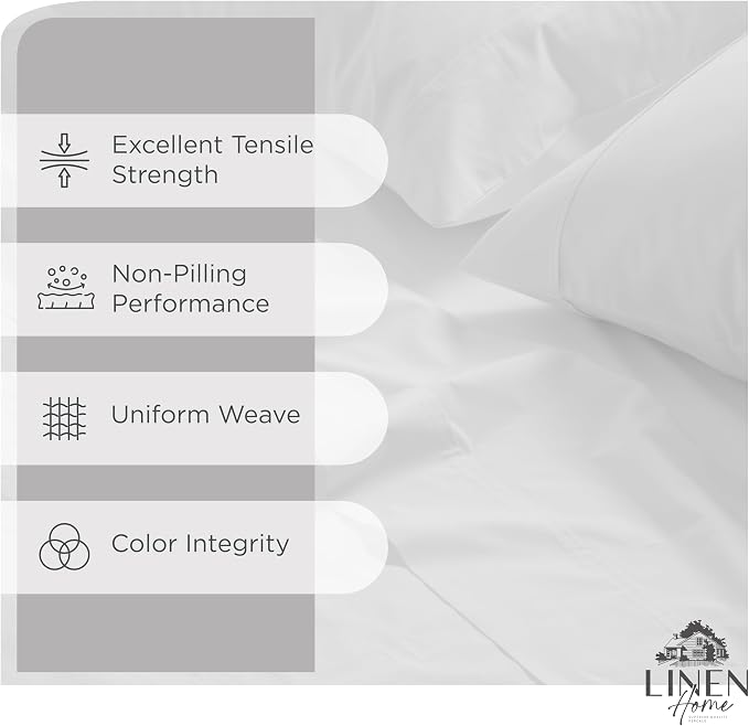 Linen Home 100% Cotton Percale Sheets Twin Size,Snow White, Deep Pocket, 3 Pieces Set - 1 Flat, 1 Deep Pocket Fitted Sheet and 1 Pillowcase, Crisp Cool and Strong Bed Linen