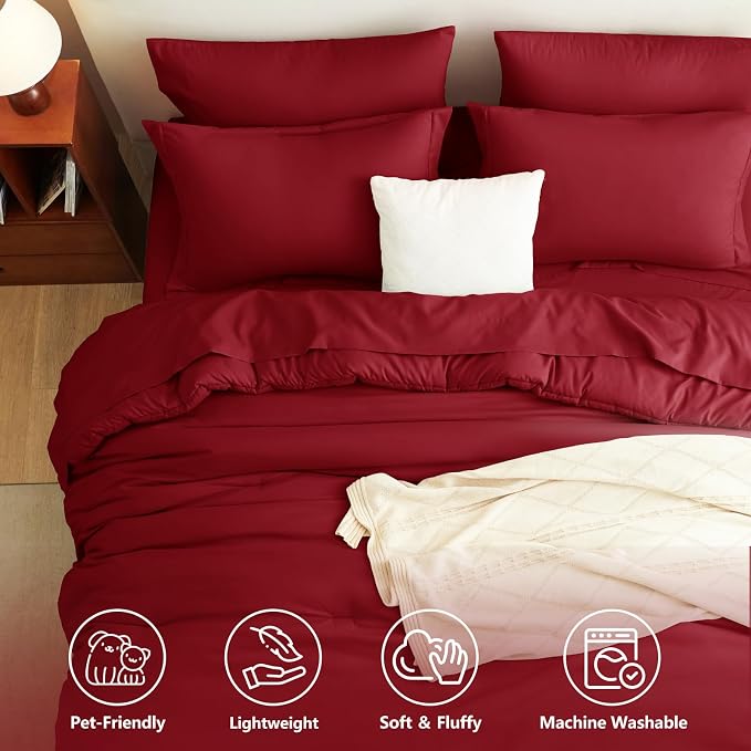 Twin XL Comforter Dark Red, 5 Pieces Bed in a Bag | College Dorm Essentials, OEKO-TEX Certified, 240GSM Down Alternative Comforter, Flat & Fitted Sheets, Pillowcase & Sham
