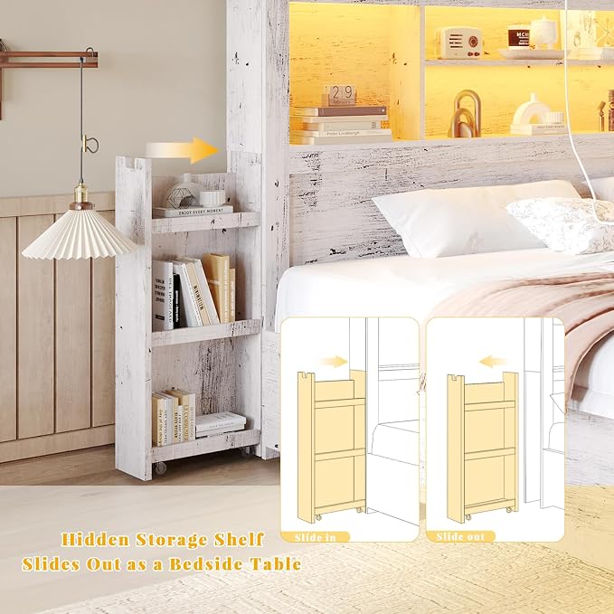 LUXOAK Full Bed Frame with Storage, Bookcase Headboard, Distressed White | 49.6" Headboard, Wood Platform Bed, Charging Station, Bedside Storage, 4 Storage Drawers, No Box Spring Needed, Farmhouse