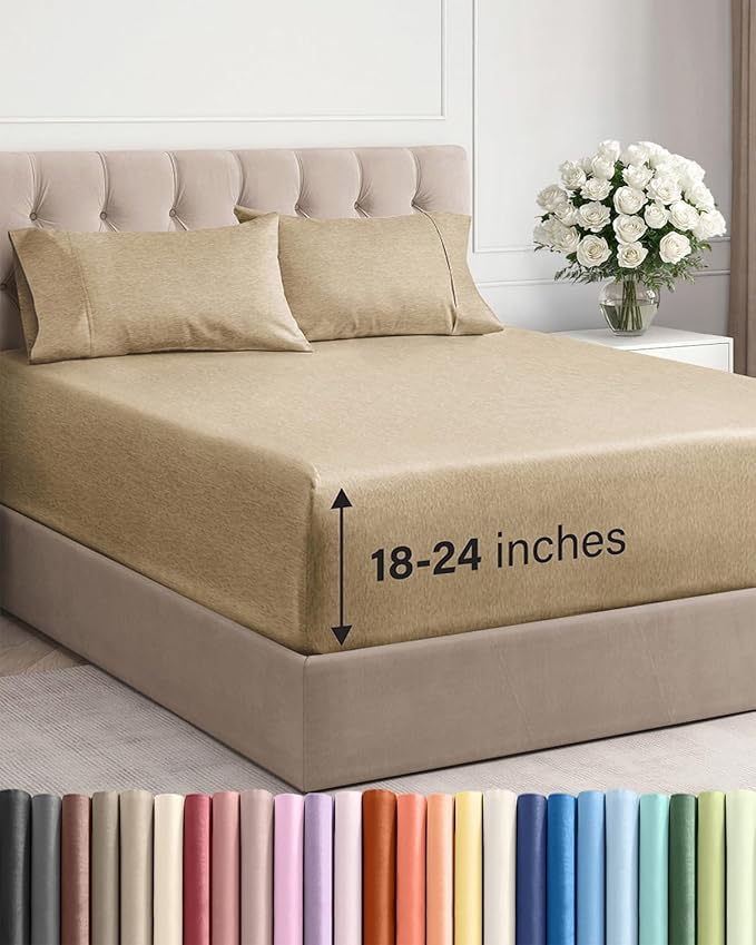 Extra Deep Queen Sheet Set - 4 Piece Breathable & Cooling - Heathered Tan | Easily Fits 18 to 24 inch Mattress - Ultra Soft, Wrinkle & Fade Free with Extra Deep Pockets - Comfy Hotel Luxury Bedding