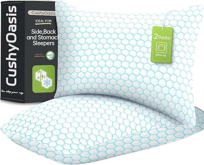 CushyOasis Cooling Pillow for Sleeping, Pillows Standard Size Set of 2,Blue | CertiPUR-US Shredded Memory Foam Pillows, Cool Bed Pillow for Hot Sleepers, Adjustable Firm for Side, Back, Stomach Sleepers