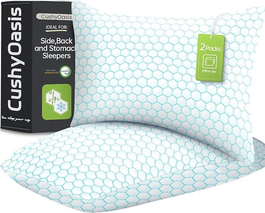 CushyOasis Cooling Pillow for Sleeping, Pillows Standard Size Set of 2,Blue | CertiPUR-US Shredded Memory Foam Pillows, Cool Bed Pillow for Hot Sleepers, Adjustable Firm for Side, Back, Stomach Sleepers