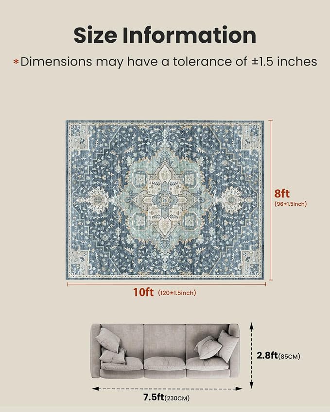 AMADA HOMEFURNISHING Washable Area Rug, Low-Profile Large Area Rug with Non-Slip Backing & Durable Edge Binding, Vintage Large Rugs for Living Room, Bedroom, Dinning Room (8x10, Blue/Yellow)
