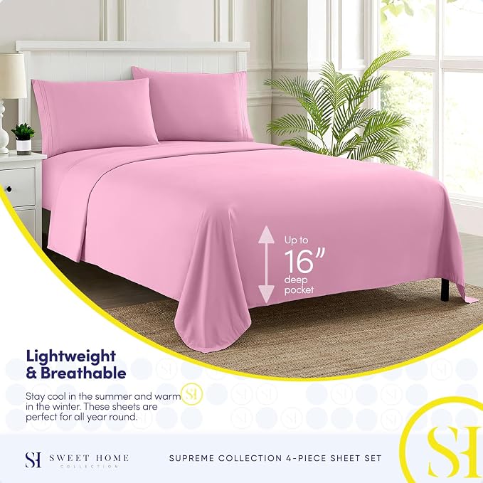 Twin Sheets - Breathable Luxury Sheets with Full Elastic & Secure Corner Straps Built In - 1800 Supreme Collection Extra Soft Deep Pocket Bedding Set, Sheet Set, Twin, Pink