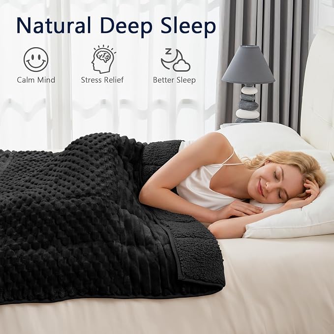 Mr. Sandman Weighted Blankets for Adults, Queen Size 60 x 80 Inches, 15lbs | Machine Washable; Soft Warm Sherpa Fleece; Soft Plush Jacquard with Glass Beads; Heavy Throw for Calm Relaxing Sleep; Black