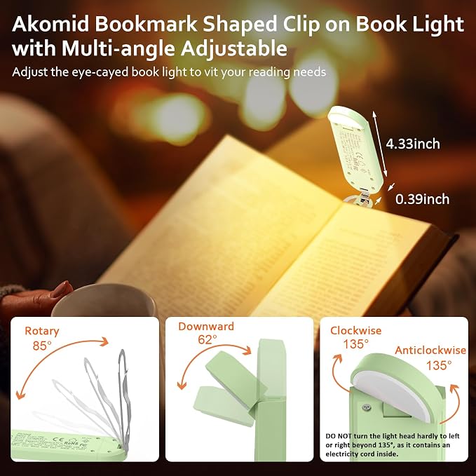 Akomid Book Light, USB Rechargeable, Eye-Cared Amber Light, 8 LEDs, Green, Modern Style, Metal & Plastic, Clip-On, Stepless Dimming, for Reading in Bed, Kids, Living Room