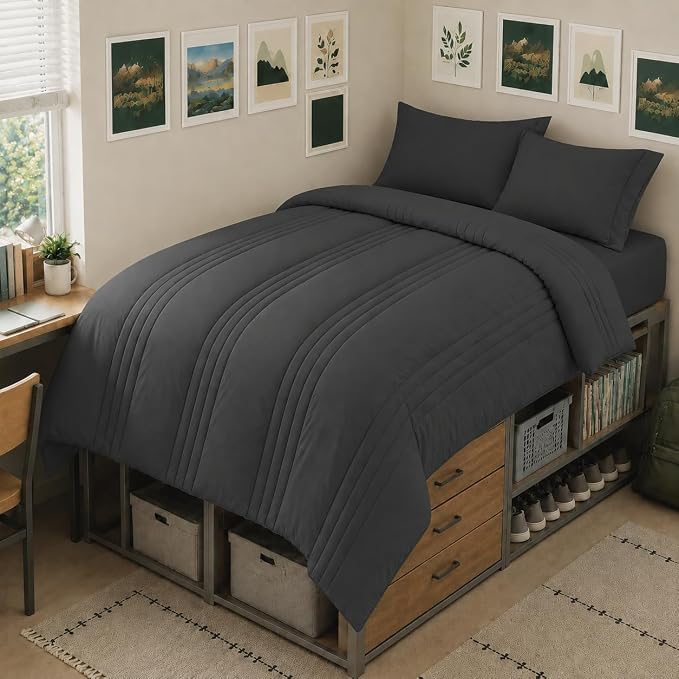 Twin XL Comforter Set Dark Grey - 5 Pieces Complete Bedding Set | College Dorm Essentials, OEKO-TEX Certified, 240GSM Down-Alternative Comforter, 14" Deep-Pocket Sheets, Sham & Pillowcase