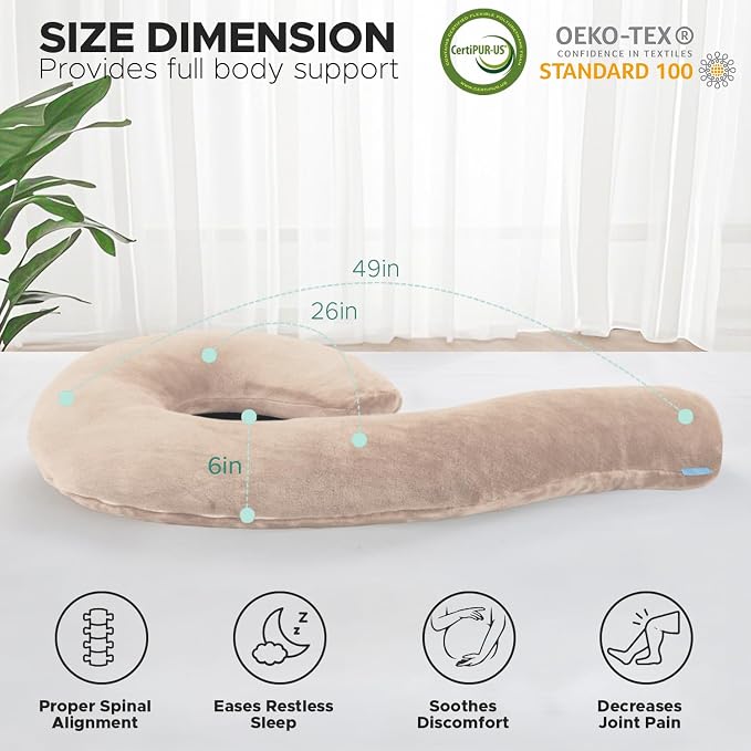 Body Pillow for Adults, Swan Pillow Insert for Sleeping, Light Brown, 49 In | Side Sleeper Pregnancy Bed Pillow, Soft Fabric, Shredded Memory Foam and Removable Washable Cover