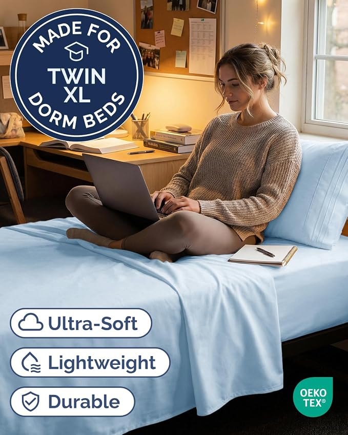 Twin XL 3 Piece Sheet Set - College Dorm Room Essentials - Light Blue | Deep Pocket Bed Sheets for Women, Men, Teens & Students, Soft, Cooling, Breathable & Wrinkle Free, Oeko-Tex Bed Sheet Set